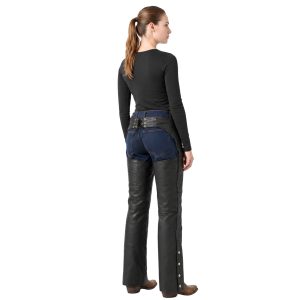 Black leather riding chaps with open back design