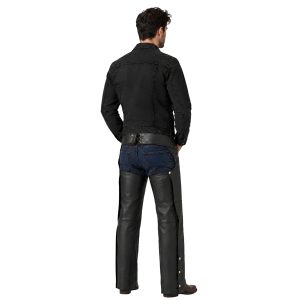 Men's leather riding chaps with an open-back design