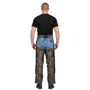 Brown leather riding chaps with open-back design