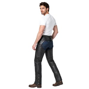 Men's leather riding chaps with open-back design
