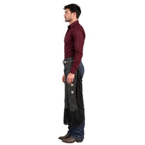 Smooth black leather cowboy chinks