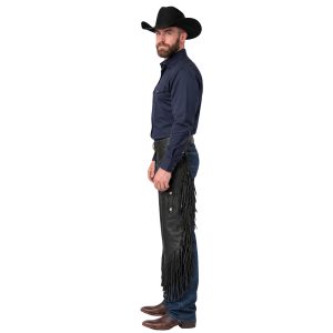 Black leather Western riding chinks with fringe