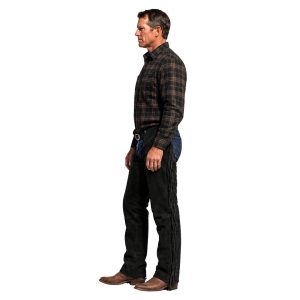Black suede Western riding chaps with fringe