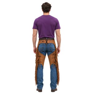 Brown suede Western chinks for horseback riding