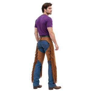 Rugged cowboy riding chinks with fringe