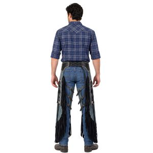 Stone Blue Suede Leather Cowboy Chinks with Black Fringe