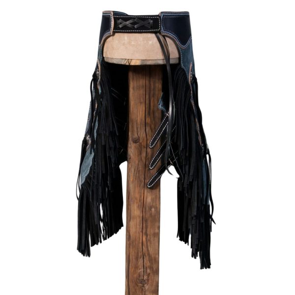 Stone Blue Suede Western Chinks With Black Fringe