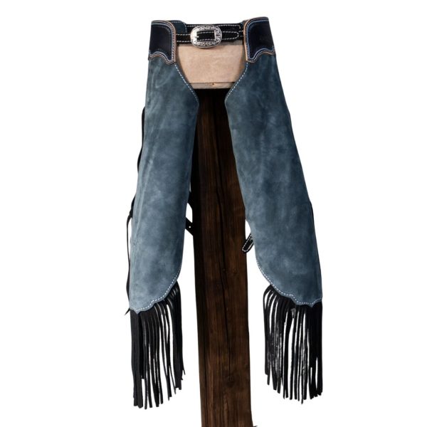 Stone Blue Suede Western Chinks With Black Fringe