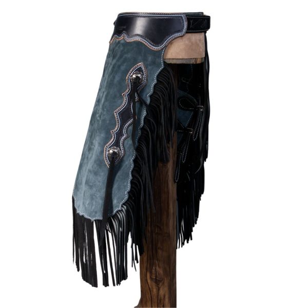 Stone Blue Suede Western Chinks With Black Fringe