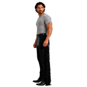 Black suede Western chaps with side fringe