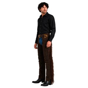 Brown suede Western riding chaps with fringe