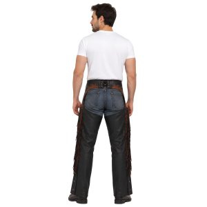 Studded leather motorcycle chaps with long fringe