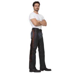 Western leather riding chaps with studs and fringe