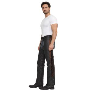 Black leather chaps with studded fringe detailing