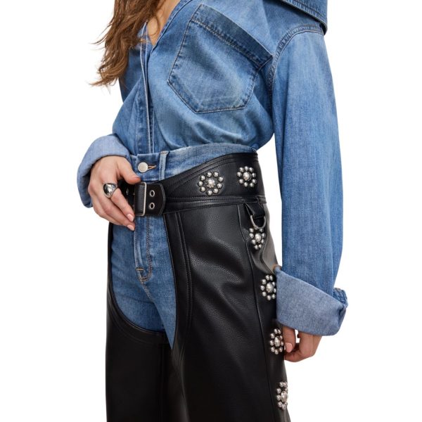 Premium Woman Black Leather Studded Chaps