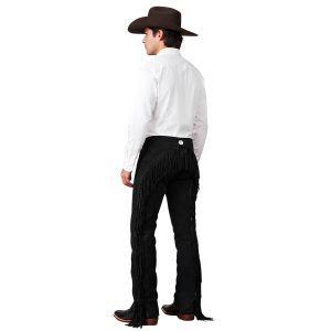 Men's black Western leather chaps with fringe detailing