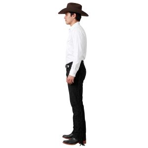Black cowboy chaps with long side fringes