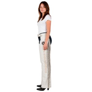 White leather chaps with side fringe and decorative lacing