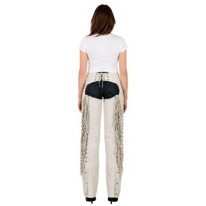 White leather Western riding chaps with long fringe