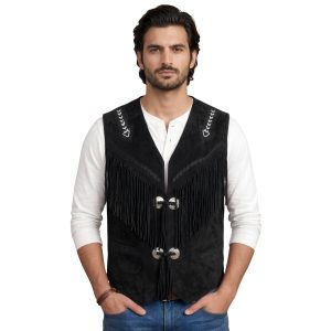 Black Cowboy Leather Vest With Fringes