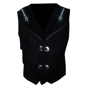 Black Cowboy Leather Vest With Fringes
