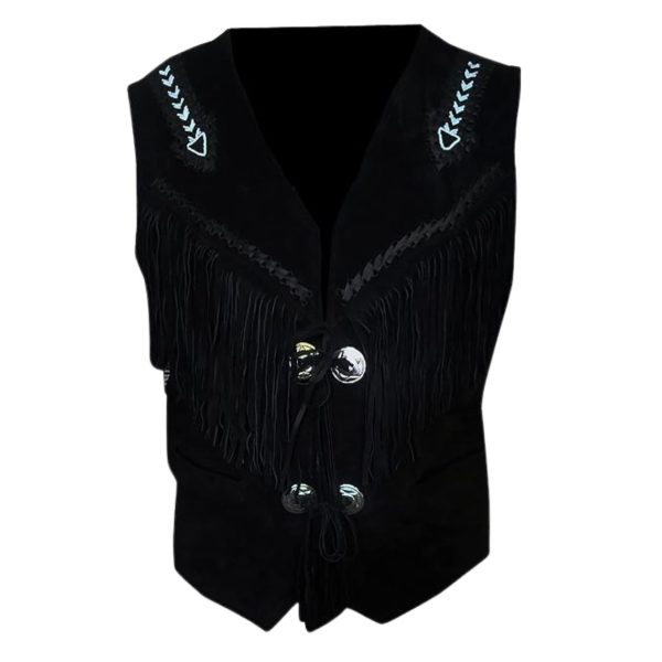 Black Cowboy Leather Vest With Fringes