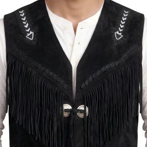 Black Leather Western Cowboy Vest with Fringe