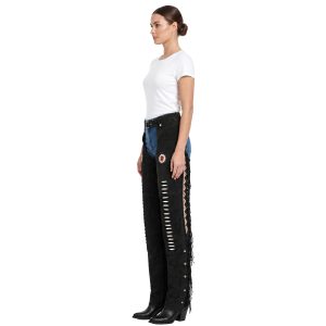Black cowgirl chaps with side fringe and embroidered detailing