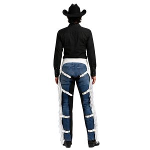 Black suede cowboy chaps with bold white side fringe