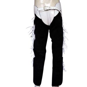 Black Suede Buckaroo Chaps With White Fringe