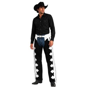 Black suede Western chaps with white fringe