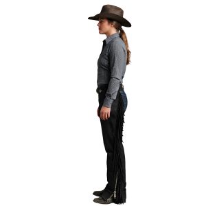 Adjustable waist black suede chaps with long side fringe