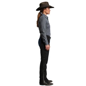Black suede leather motorcycle chaps with fringe