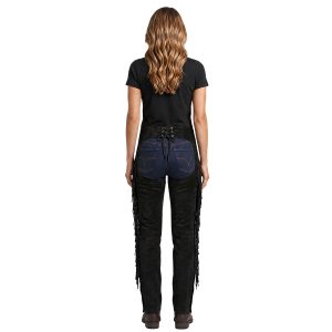 Black suede leather cowboy chaps with fringe