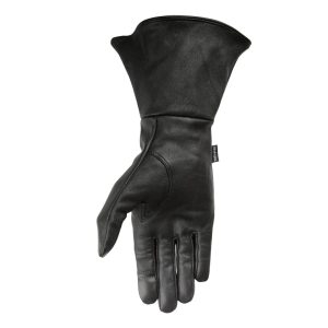 Black leather gauntlet gloves