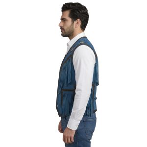 Western Leather Fringe Vest with Bold Blue Tribal Styling