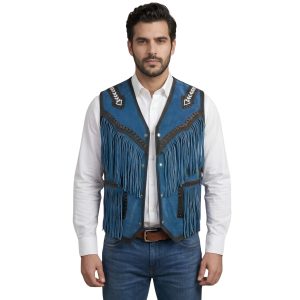 Blue Tribal Inspired Western Leather Fringe Vest
