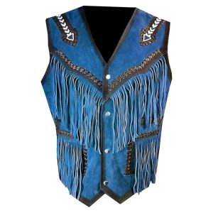 Blue Tribal Inspired Western Leather Fringe Vest