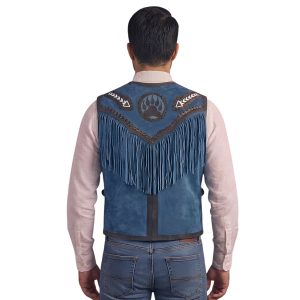 Men's Blue Cowboy Leather Vest with Tribal-Inspired Fringe