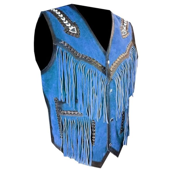 Blue Western Leather Fringe Vest 
