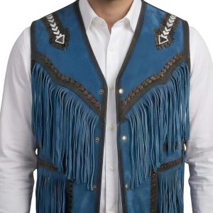 Blue Leather Western Vest with Tribal Design and Fringe