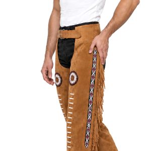 Men's brown suede Western chaps with side lacing and fringe