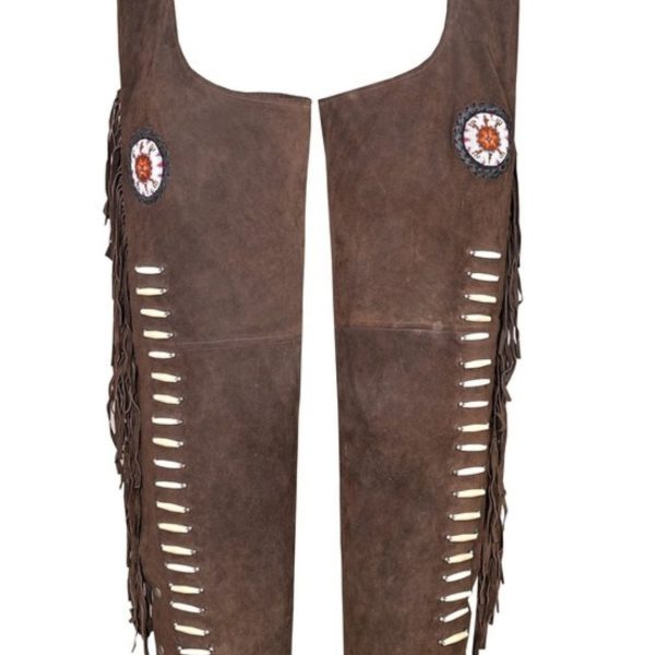 Dark Brown Suede Western Fringe Chaps With Beads