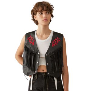 Leather Crop Vest With Fringes And Red Accents