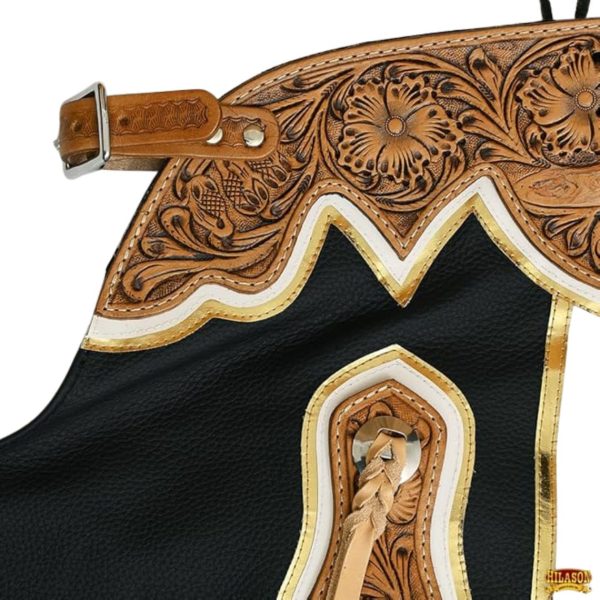 Luxury Rodeo Chaps Black Leather with Gold & White Fringe