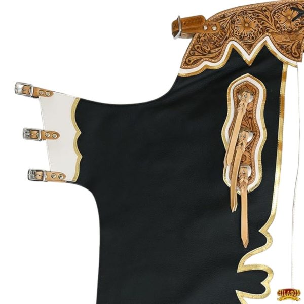 Luxury Rodeo Chaps Black Leather with Gold & White Fringe