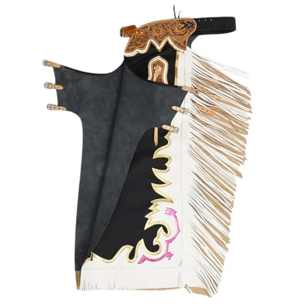 Luxury Rodeo Chaps Black Leather with Gold & White Fringe
