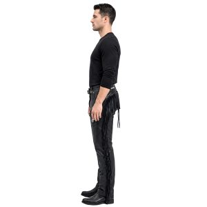 Men's black leather biker chaps with bead and fringe detailing