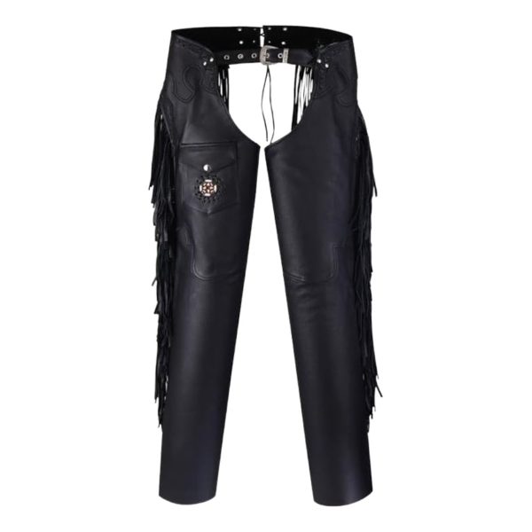 Modern Black Assless Leather Chaps Beads and Fringe
