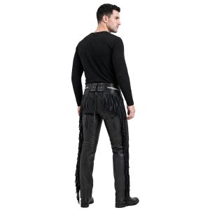 Black leather motorcycle chaps with open-back design and fringe